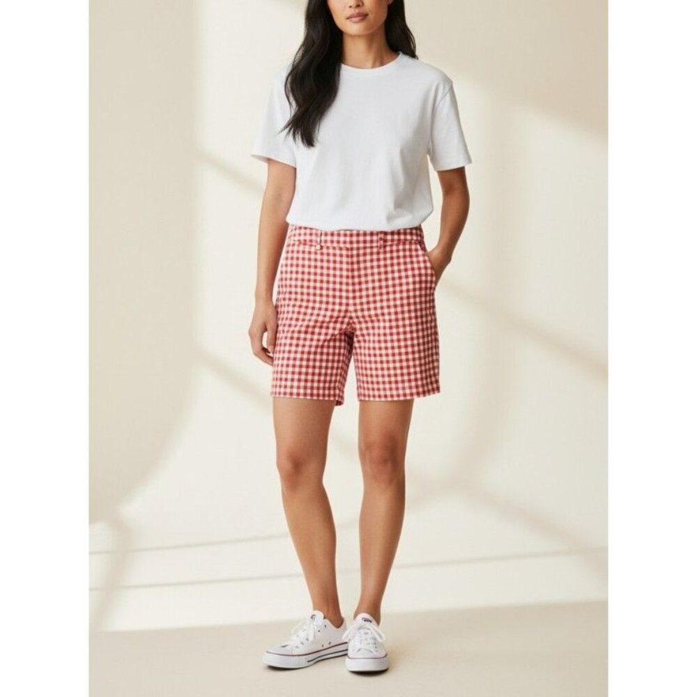 Lands End Red & White Gingham Womens Cotton Blend Shorts Size 2